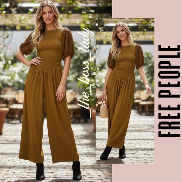 Free People jumpsuit wide-leg puff sleeve smock XS - Picture 1 of 10
